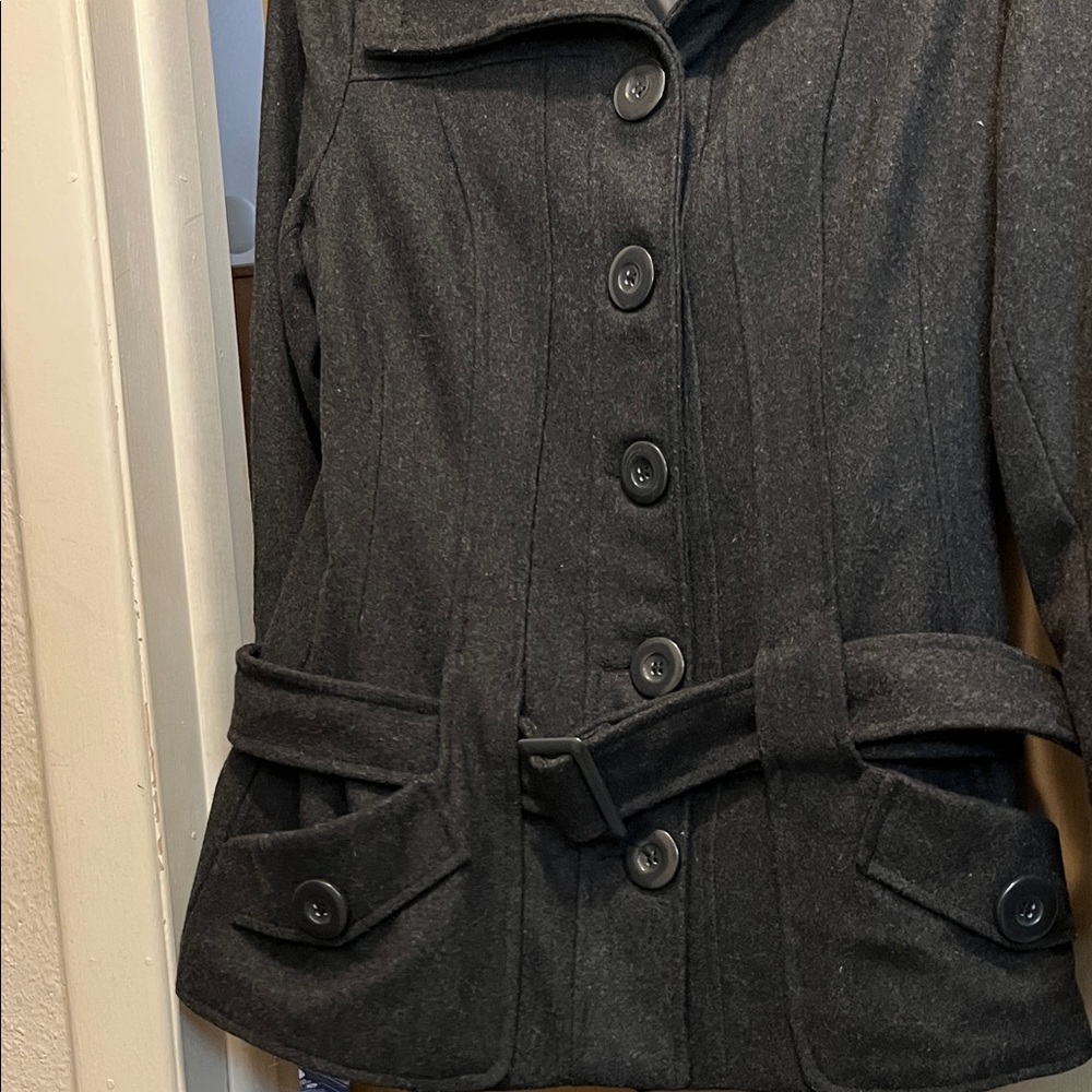 Coffee Shop wool silk lined Gray/Black Button-Up Jacket with belt - Picture 5 of 8